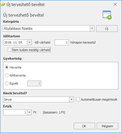 Tervezhető bevétel rögzítése